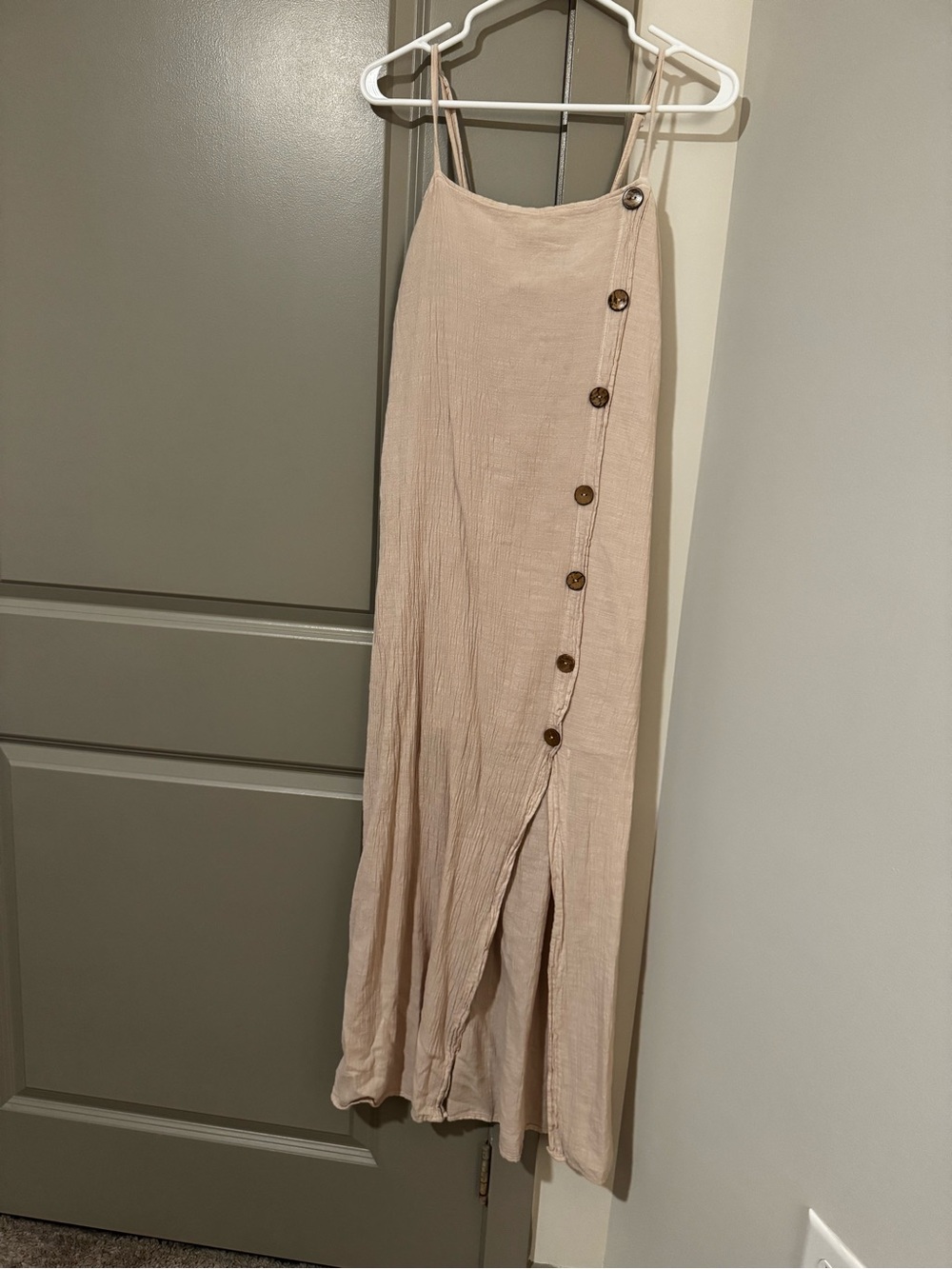 Light Beige Button-Trim Maxi Dress with Slit